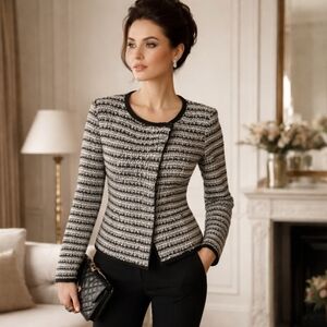 Ann Taylor LOFT Diagonal Zippered Tweed Boucle Knit Zip Up Cotton Jacket Sz XS